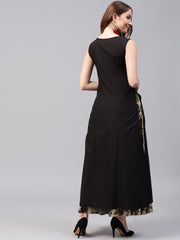 Black sleeveless cotton kurta with green printed flared skirt