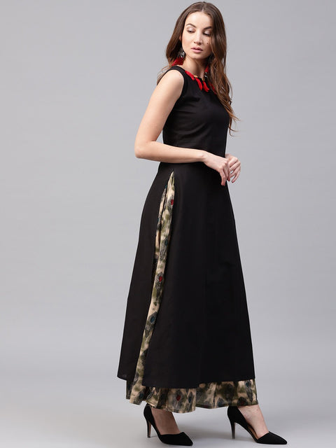 Black sleeveless cotton kurta with green printed flared skirt