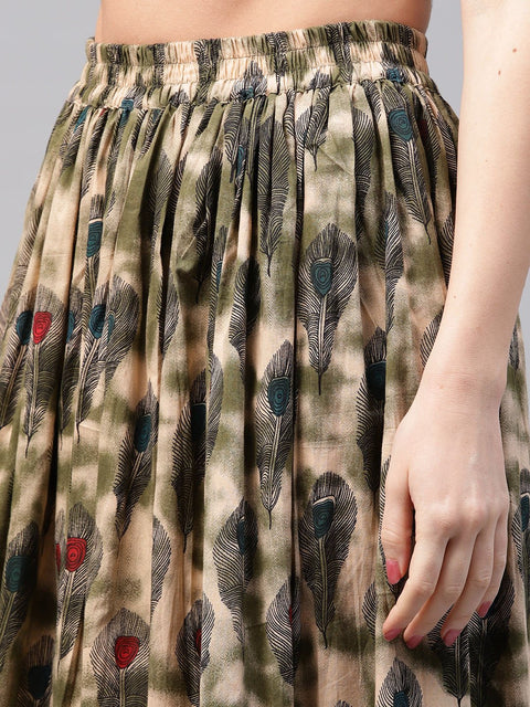 Black sleeveless cotton kurta with green printed flared skirt