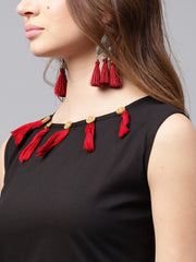 Black sleeveless cotton kurta with green printed flared skirt