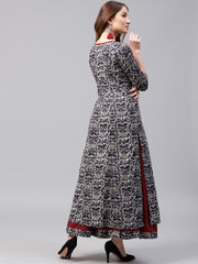 Blue printed 3/4th sleeve cotton kurta with red flared skirt