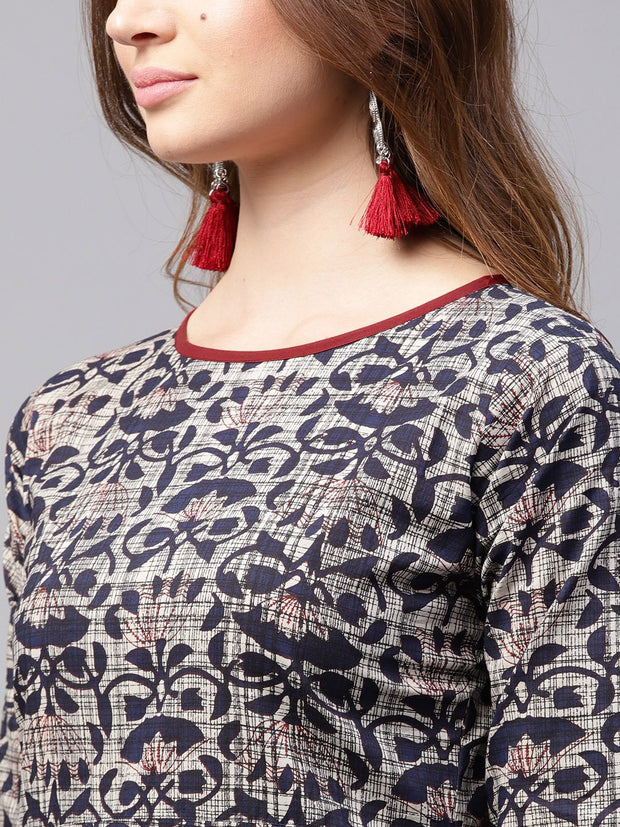 Blue printed 3/4th sleeve cotton kurta with red flared skirt
