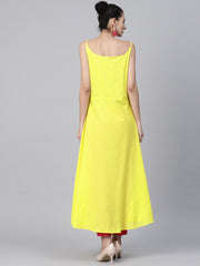 Yellow block printed sleeveless cotton anarkali kurta