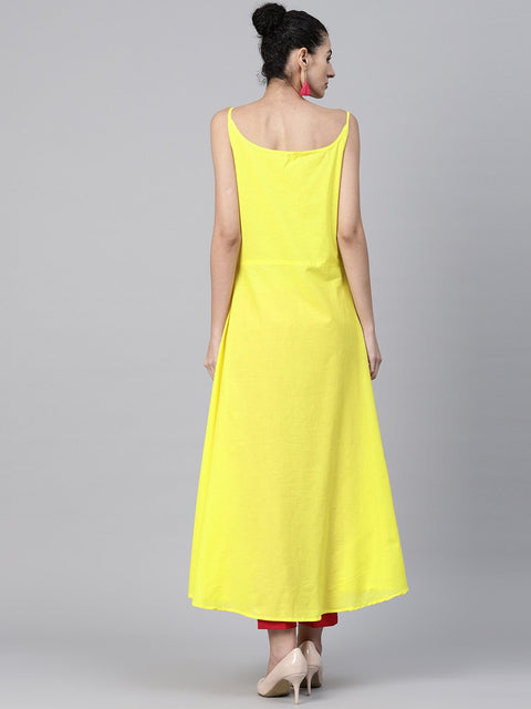 Yellow block printed sleeveless cotton anarkali kurta