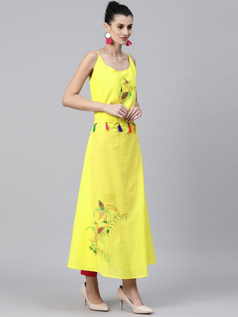 Yellow block printed sleeveless cotton anarkali kurta