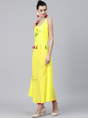 Yellow block printed sleeveless cotton anarkali kurta