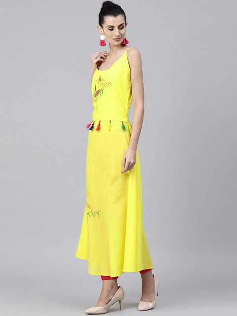 Yellow block printed sleeveless cotton anarkali kurta