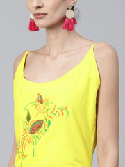 Yellow block printed sleeveless cotton anarkali kurta