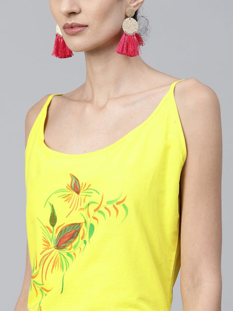 Yellow block printed sleeveless cotton anarkali kurta