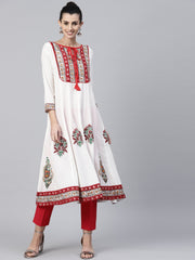 Off white printed 3/4th sleeve cotton Anarkali kurta