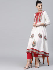 Off white printed 3/4th sleeve cotton Anarkali kurta
