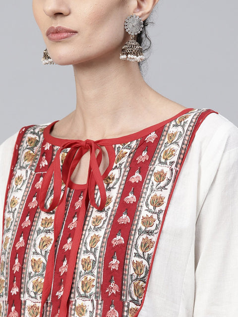 Off white printed 3/4th sleeve cotton Anarkali kurta