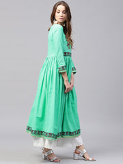 Green 3/4th sleeve block printed Cotton Anarkali kurta
