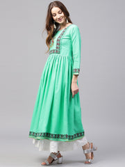 Green 3/4th sleeve block printed Cotton Anarkali kurta