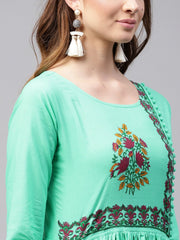Green 3/4th sleeve block printed Cotton Anarkali kurta