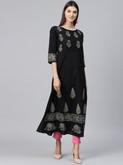 Black Block Printed 3/4th sleeve cotton Kurta