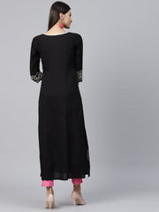 Black Block Printed 3/4th sleeve cotton Kurta