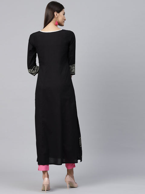 Black Block Printed 3/4th sleeve cotton Kurta