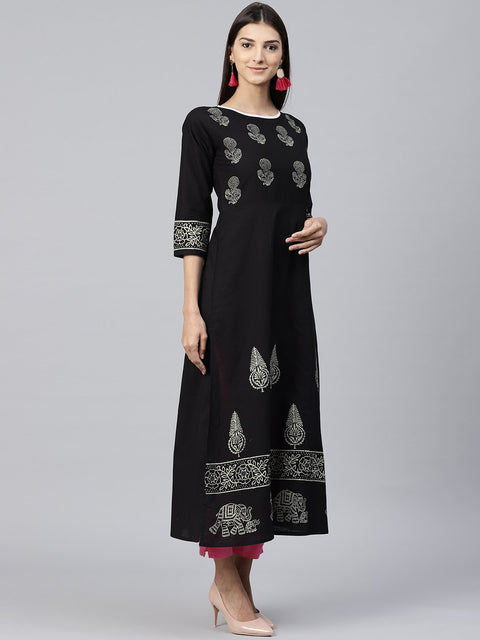 Black Block Printed 3/4th sleeve cotton Kurta