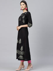 Black Block Printed 3/4th sleeve cotton Kurta