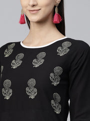 Black Block Printed 3/4th sleeve cotton Kurta