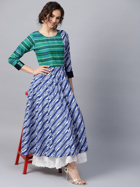 Blue & Green striped 3/4th sleeve cotton Anarkali kurta