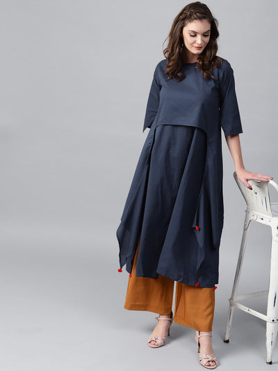 Navy blue 3/4th sleeve cotton layered kurta