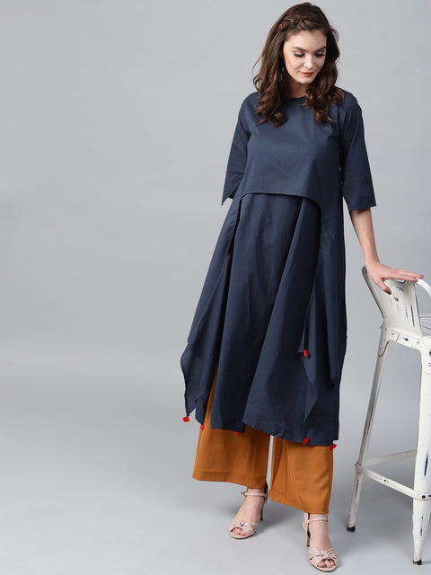 Navy blue 3/4th sleeve cotton layered kurta