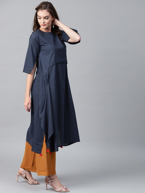 Navy blue 3/4th sleeve cotton layered kurta