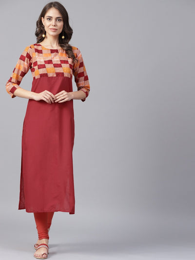 Red printed 3/4th sleeve yoke printed cotton kurta