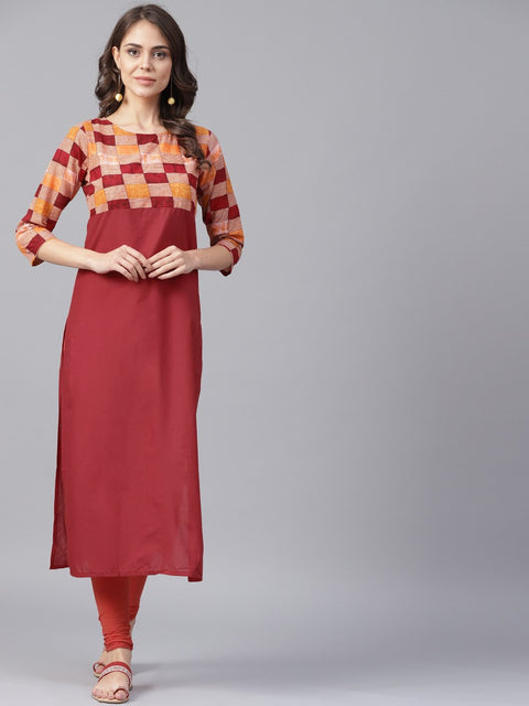 Red printed 3/4th sleeve yoke printed cotton kurta