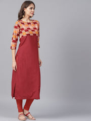 Red printed 3/4th sleeve yoke printed cotton kurta