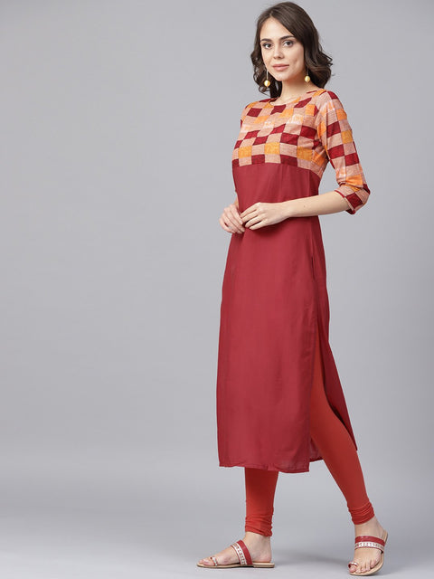 Red printed 3/4th sleeve yoke printed cotton kurta