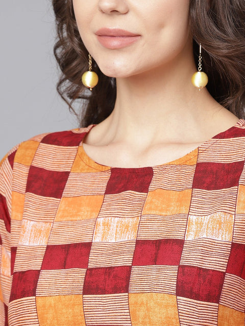 Red printed 3/4th sleeve yoke printed cotton kurta