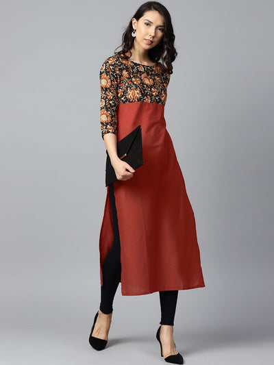 Peach printed 3/4th sleeve yoke printed cotton kurta