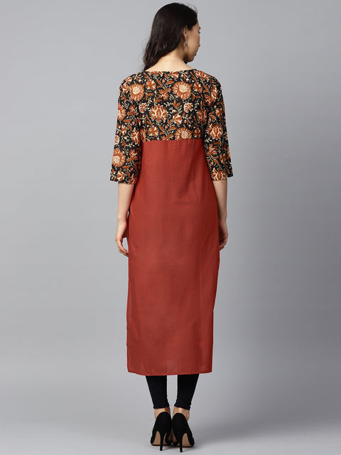 Peach printed 3/4th sleeve yoke printed cotton kurta