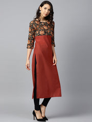 Peach printed 3/4th sleeve yoke printed cotton kurta