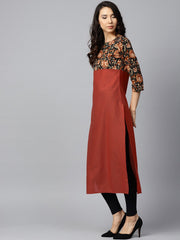 Peach printed 3/4th sleeve yoke printed cotton kurta