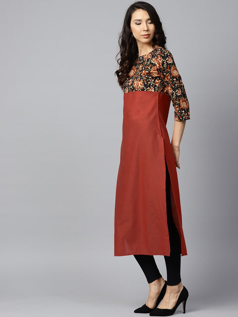 Peach printed 3/4th sleeve yoke printed cotton kurta