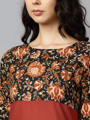 Peach printed 3/4th sleeve yoke printed cotton kurta