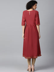 Red printed 3/4th sleeve cotton Anarkali kurta