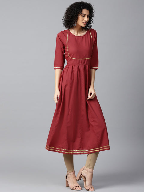 Red printed 3/4th sleeve cotton Anarkali kurta