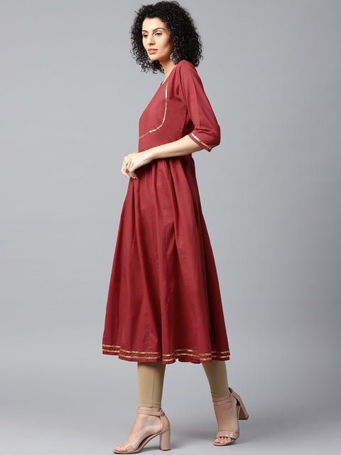 Red printed 3/4th sleeve cotton Anarkali kurta