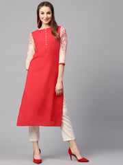 Pink 3/4th sleeve printed cotton straight kurta