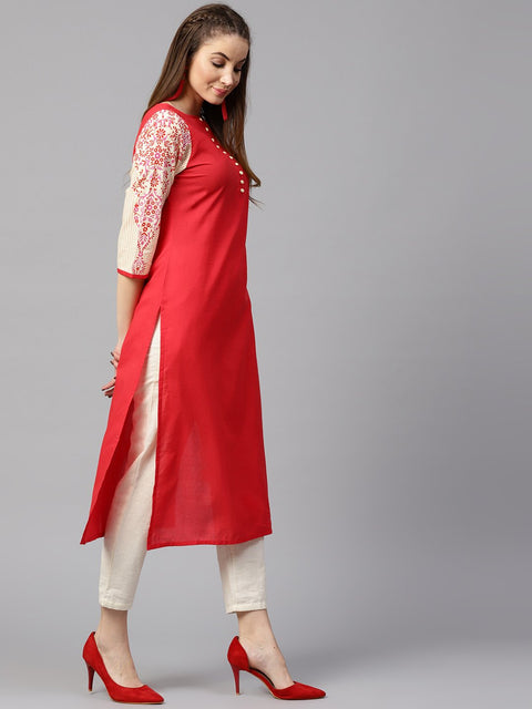 Pink 3/4th sleeve printed cotton straight kurta