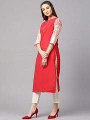 Pink 3/4th sleeve printed cotton straight kurta