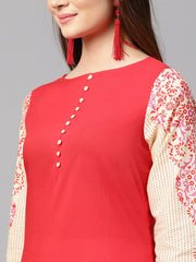 Pink 3/4th sleeve printed cotton straight kurta