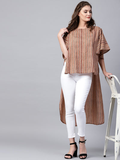 Beige striped half sleeve low high cotton tunics