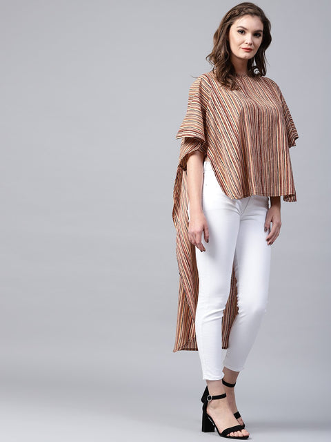 Beige striped half sleeve low high cotton tunics