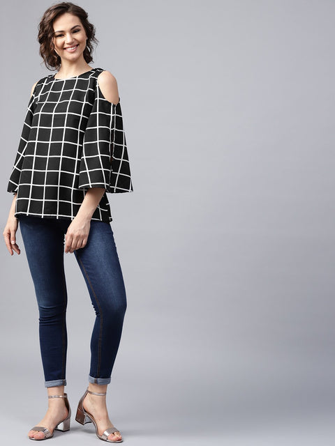 Black checked 3/4th sleeve cold shoulder crepe tunic